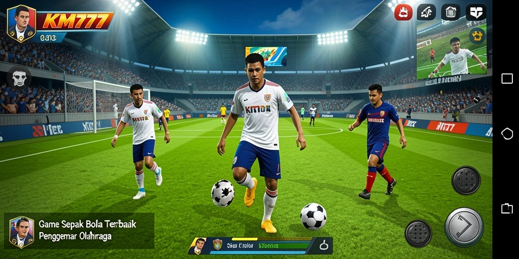 Tampilan gameplay sepenuh lapangan sepak bola yang mendebarkan.