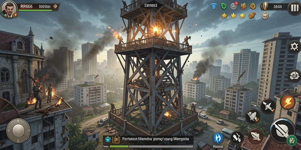 Screenshot gameplay RR666 yang menampilkan aksi menara pertahanan.